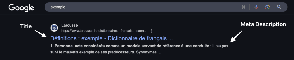 Un résultat Google avec le title et la meta description annotés